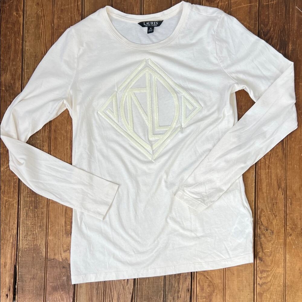 Ralph Lauren women’s top Cream Long Sleeve Tee sequins logo black label